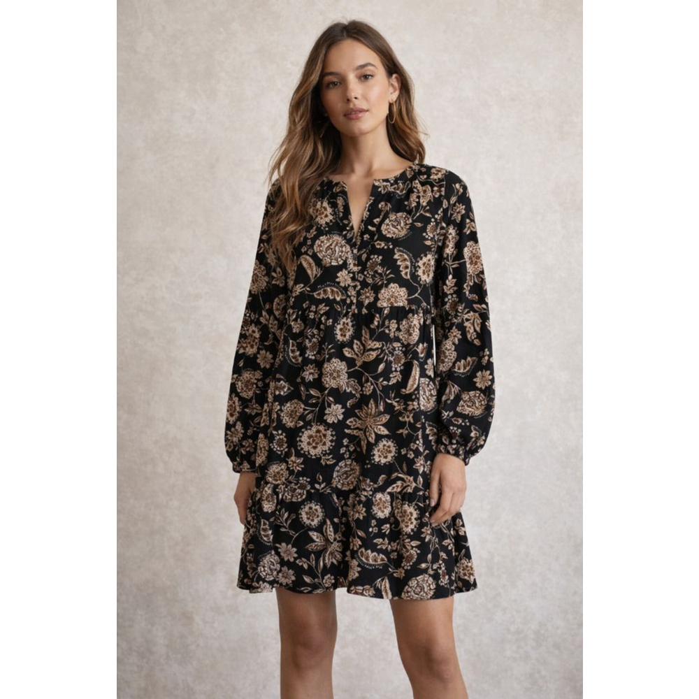 Women's EMMA & MICHELE Black Brown Floral Long Sleeve Dress S NWOT